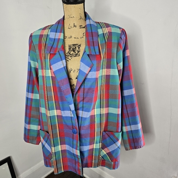 Vintage 80s 90s Blue Red Plaid Lightweight Plus Size Oversized Blazer - Picture 15 of 15